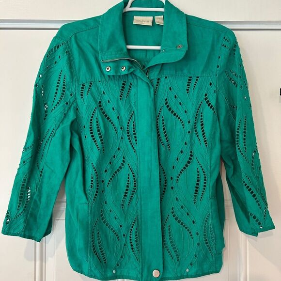 Chico’s green eyelet linen lightweight 3/4 sleeve zip up jacket - Picture 5 of 14